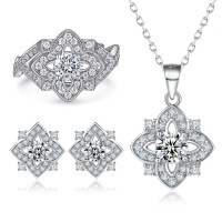 wholesale 925 Sterling Silver Flower Zircon Ring, Star Earrings, Four-Leaf Clover Necklace Women's Jewelry Set-Earrings TLED123 925 silver