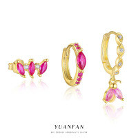 wholesale S925 Sterling Silver Red Zircon Irregular Geometric Earrings for Women,-Single three-piece set 925 silver