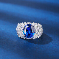 wholesale S925 Sterling Silver Sapphire Ring for Women, Luxurious Halo Oval Center Stone Ring, High Carbon Diamond Wholesale, Ocean Heart-Blue No. 5