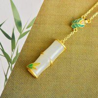 wholesale 925 silver gold-plated retro Chinese-style cold enamel bamboo joint and Hetian jade brooch with bamboo leaf gemstone pin-Cold Enamel Jade Bamboo Necklace>925 Silver