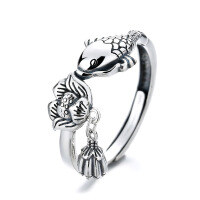 wholesale S925 Sterling Silver Antique Style Koi Fish Ring, Ethnic Revival "Year After Year Abundance" Small Fish with Lotus Flower and Seed Pod Finger Ring-072J/approx. 2.5g Adjustable opening
