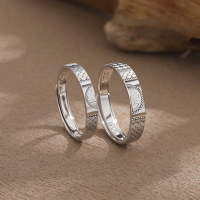 wholesale S925 sterling silver niche-designed couple rings with a shimmering crushed ice effect, engraved with double happiness characters-Women's