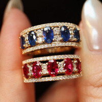 wholesale S925 Sterling Silver All-Over Red Elk Pattern Premium Statement Ring, Versatile Luxury Band, Large Size European Style for Women-BZ0423-Gold-Blue Diamond US Size 7