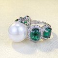 wholesale S925 Sterling Silver 12mm Mother-of-Pearl with Simulated Emerald Cabochon Engagement Ring for Women,-0-1