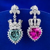 wholesale S925 sterling silver new heart-shaped crown red and green color contrast earrings inlaid with high-carbon diamond earrings-E376 Earrings>925 Silver