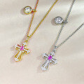 wholesale S925 Sterling Silver Daily Wear Pink Diamond Cross Pendant Fashion Versatile Commuter Adjustable Chain Live Stream Item-0-0