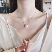 wholesale S925 Sterling Silver Korean Style Cat Eye Brushed Satin Half Pendant Necklace, Creative Internet-Famous Collarbone Chain-592LH/approx. 9.2g 925 silver