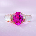 wholesale S925 Silver Live Stream Style Ring with White Mother-of-Pearl Inlaid 7*9 Oval Pink Simulated Diamond Ring Band Available for Dropshipping-0-0