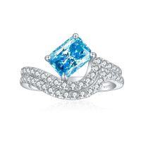 wholesale 925 Sterling Silver 6*8 Radiant Ruby Ring with High Carbon Diamond Gemstone Ring Set-Fireworks G-38 Blue Diamond US size 9#