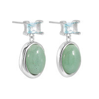 wholesale S925 Sterling Silver 590 New Chinese Style Small and Unique Geometric Oval Inlaid Diamond Aventurine Earrings for Women-Platinum [with sterling silver ear plugs] > 925 silver