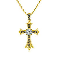 Sterling Silver Moissanite Cross Pendant Hip Hop Bead Chain Necklace-Cross chain necklace (gold)  1-carat moissanite (925 silver)