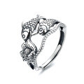 wholesale S925 Sterling Silver Retro Ethnic Style Lotus and Double Koi Fish Ring, Antique Finish, Symbolizing Abundance Every Year, Versatile Hand Accessory-0-4