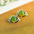 wholesale 925 Silver Cold Enamel Cloisonné with Inlaid Waterdrop Green Jade Earrings, Palace Retro Style Hanfu Qipao Ear Accessories-0-2