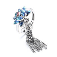 wholesale S925 Sterling Silver Bohemian Ethnic Style Resin Blue Lotus Tassel Bell Ring Elegant and Chic Jewelry-653JM/approx. 5.1g Adjustable opening