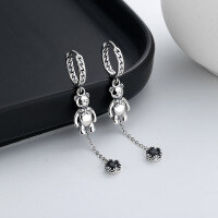 wholesale S925 Sterling Silver Internet-Famous Bear Black Zircon Tassel Ear Clips, Light Luxury Versatile Retro Earrings for Women-035FR/approx. 4.4g/pair 925 silver