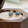 wholesale S925 Sterling Silver Japanese Light Luxury Blue Green Quartz Vintage Earrings for Women, Hypoallergenic, Palace Style-0-1