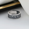 wholesale S925 Sterling Silver Retro Matte Blackened Vajra Heart Sutra Six-Syllable Mantra Ring Ethnic Style Unisex Band-0-2