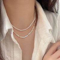wholesale S925 Sterling Silver Broken Silver Pearl Layered Double Necklace for Women, Korean Summer New Fashion Versatile Heavy Work Choker-Pure silver + Shijia pearls (40+5CM)