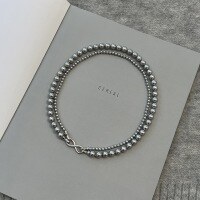 wholesale S925 Sterling Silver Detachable Genuine Silver-Gray Pearl Double-Layer 8-Shaped Clasp Necklace, Luxury High-End Women's Pendant Chain-4mm+8mm gray pearl double necklace 925 silver