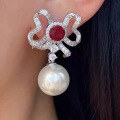 wholesale 25 silver new bow-shaped inlaid ruby and sapphire earrings with 13mm pearl for women-0-1
