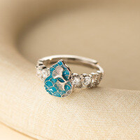 wholesale S925 Sterling Silver Fresh and Sweet Ins Style Designed Inlaid Diamond Ginkgo Blue Gourd Ring R02743-S925 silver ring Adjustable opening