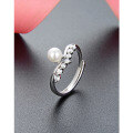 wholesale S925 Sterling Silver Japanese and Korean Style Sweet and Elegant Pearl-Inlaid Ring for Women, Single Row Diamond and Shell Pearl Openable Ring Jewelry-0-1