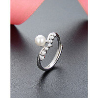 wholesale S925 Sterling Silver Japanese and Korean Style Sweet and Elegant Pearl-Inlaid Ring for Women, Single Row Diamond and Shell Pearl Openable Ring Jewelry-925 silver pearl ring with adjustable opening