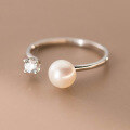 wholesale S925 Sterling Silver Single Diamond Pearl Open Ring in Minimalist Style with High-End Feel for Women R01738-0-2