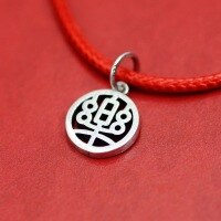 wholesale 990 Sterling Silver Retro "Fu" Character Peace and Auspiciousness Pendant, Pure Silver National Trend Style Red Rope Bracelet Accessory-Ledanzhui
