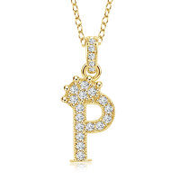 Gold-Plated Copper Crown Zircon Quartz Letter Pendant Necklace-Letter necklace P