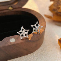 wholesale Sterling Silver S999 Hollow Five-Pointed Star Inlaid Stud Earrings for Women, Small and Exquisite, Luxurious and Versatile Star Earrings-Sterling silver