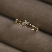 wholesale S925 Sterling Silver Butterfly Double-Layer Ring for Women, Light Luxury Shiny Diamond Ring, Minimalist Open-Ended Ring with a Niche and Simple Design-Gold color>Adjustable opening