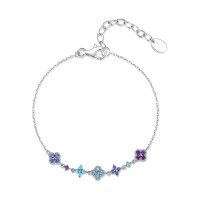 wholesale S925 Sterling Silver Lucky Four-Leaf Flower Mini Bracelet for Women, French Elegant Luxury Gift, Small Niche Design Stackable Hand Jewelry-Garland Bracelet - Colored Diamond Silver &gt; 925 Silver