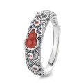 wholesale S925 Sterling Silver Vintage Style Openwork Ring with Red Agate Inlaid Gourd Design for a Fashionable and Personalized Index Finger-0-4