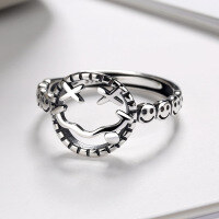 wholesale S925 Sterling Silver Light Luxury Playful Hollow-Out Smiley Face Grimace Ring for Women, Adjustable Korean Style Retro Thai Silver Niche Ring-YJ229/approx. 2.18g Adjustable opening