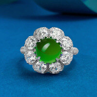 wholesale S925 silver jewelry, luxurious setting with high-ice green chalcedony, elegant 8mm cabochon ring, hot-selling in live broadcasts-R1223 Chrysoprase Ring>Size 8