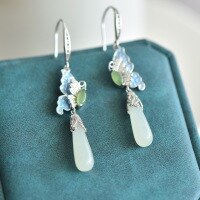 wholesale Pure Silver Natural Hetian Jade Earrings, Waterdrop Butterfly Enamel Ear Hooks for Women, New Chinese Style Gift, Factory Wholesale-Hetian Jade Teardrop Butterfly Enamel Earrings 925 Silver