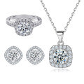 wholesale S925 silver jewelry set with zirconia, featuring a square and round pendant necklace, four-sided diamond stud earrings, and high-quality wholesale options-0-0