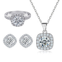 wholesale S925 silver jewelry set with zirconia, featuring a square and round pendant necklace, four-sided diamond stud earrings, and high-quality wholesale options-Ring TL-012 + Earrings TLED091 + Necklace TLXL128  US Size 10#