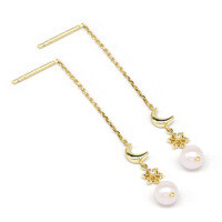 wholesale K Gold Plated Sterling Silver Freshwater Pearl Ear Thread, Long Drop Earrings, New Collection Direct from Manufacturer for Wholesale-Moon Earrings