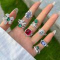 wholesale S925 Sterling Silver European and American New Geometric Drop Bow Colored Cubic Zirconia Exquisite Gemstone Ring for Women-0-2