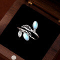 wholesale 925 Sterling Silver European and American Cross-Border New Style Tree Leaf Ring Vintage Niche Moonstone Adjustable Index Finger Ring for Women-0-2