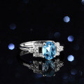 Sterling Silver Natural Blue Topaz Moissanite Ring, 1 Carat Geometric Oval Halo Design-0-0
