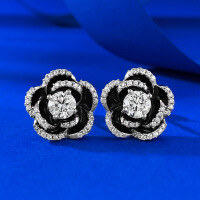 wholesale S925 Sterling Silver Live New Arrival Camellia Earrings 50mm Round White Diamond Flower Bud Ear Jewelry-E519 Camellia Earrings 925 Silver