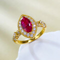 wholesale Metal: 925 Silver Gold Plated Stunning Jewelry Live Stream Collection Wine Heart Red Marquise 5*10mm Vintage Pigeon Blood Red Ruby Ring Band-0-2