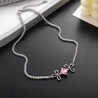 wholesale S925 Silver Pink Zircon Flower Collarbone Necklace for Women, Designer Metal Flash Diamond High-End Sense Necklace-xb1136-white gold pink diamond