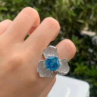wholesale Platinum, ZHUO ZHI FAN New Collection Aquamarine 10*10mm Radiant Cut Flower Ring for Women, Fully Pavé Diamond Halo Setting-R258 Aquamarine Ring Size 6