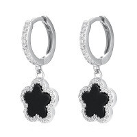 wholesale 925 Sterling Silver Black Agate Five-Leaf Clover Flower Earrings and Necklace Set, High-End Fashion Ins Cross-Border Jewelry Set-Earrings-Silver 925 Silver