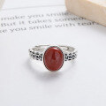 wholesale S925 silver antique-style oval five-emperor coin ring with southern red agate in court-style open design-0-1