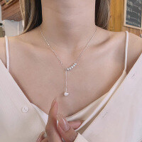 wholesale S925 Sterling Silver Korean Japanese Minimalist Geometric Bead Tassel Pendant Versatile Choker Necklace-554FL/approx. 2.7g 925 silver